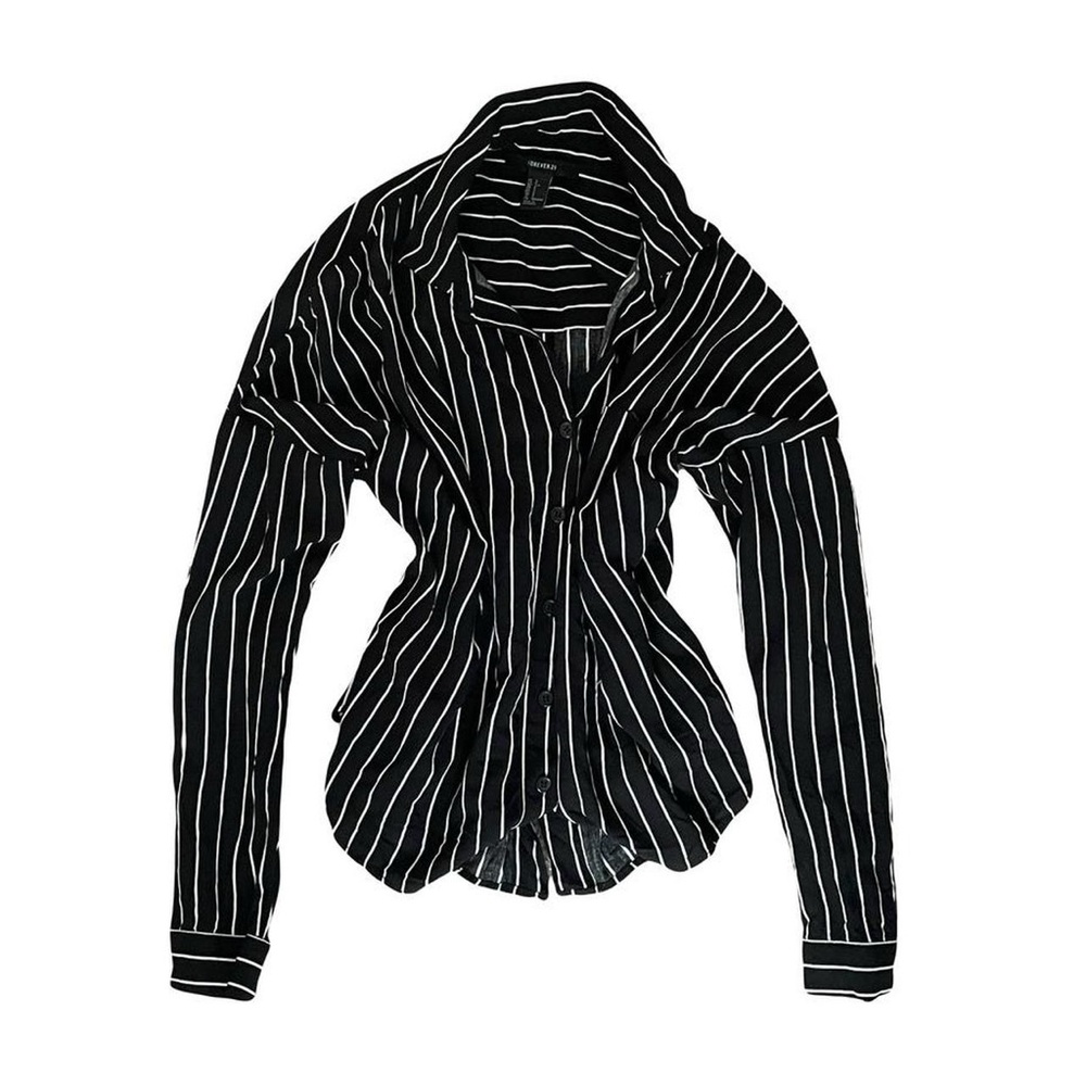 Forever 21 Black and White Striped Button Down Long Sleeve Blouse